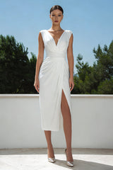Simple Ruched V Neck Midi White Dress
