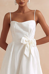 Spaghetti Straps A Line Satin Midi White Dress with Bow