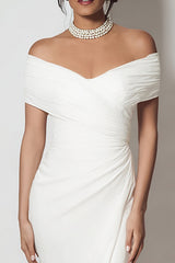 Off the Shoulder Sheath Ruched Maxi White Dress