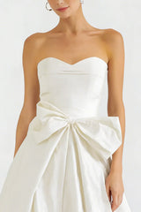 White Strapless A Line Maxi Engagement Dress with Bow