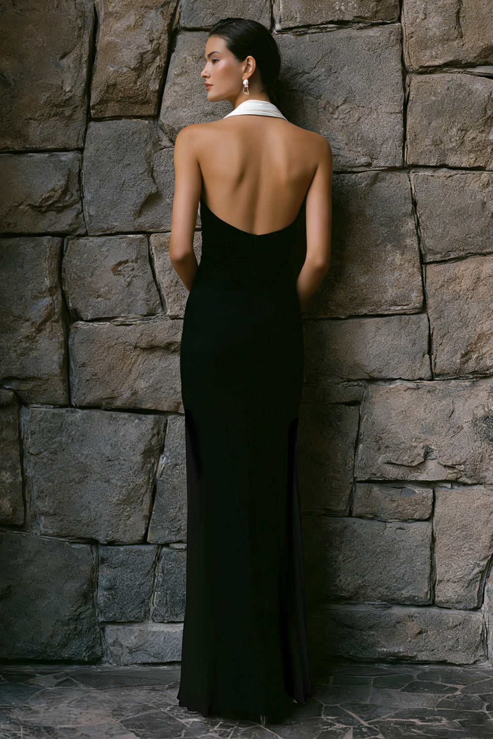 Halter Sheath Black and White Ruched Formal Dress