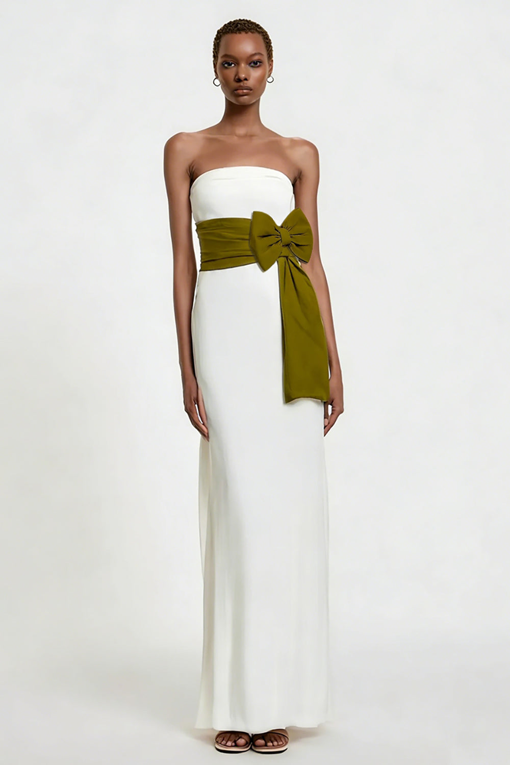 White Strapless Sheath Maxi Engagement Dress with Bow
