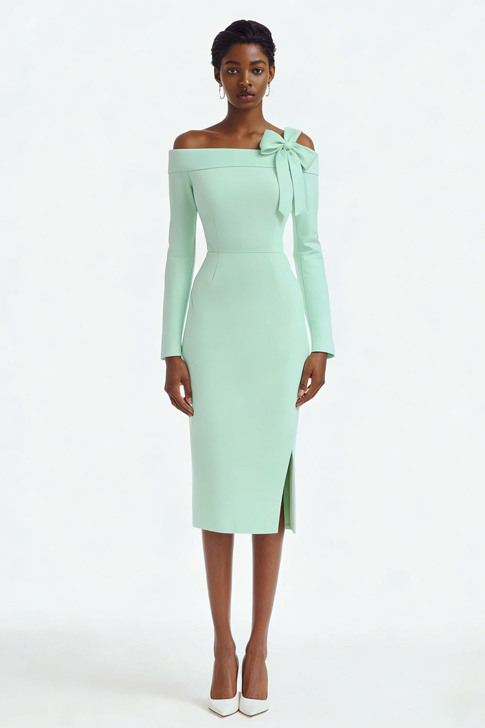 Ivory Long Sleeve Bodycon Midi Engagement Dress with Slit
