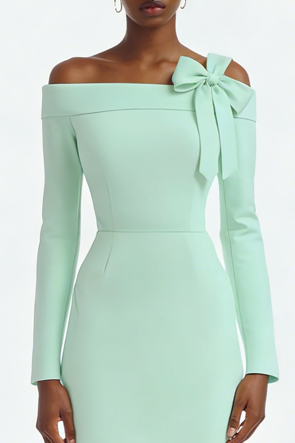 Ivory Long Sleeve Bodycon Midi Engagement Dress with Slit