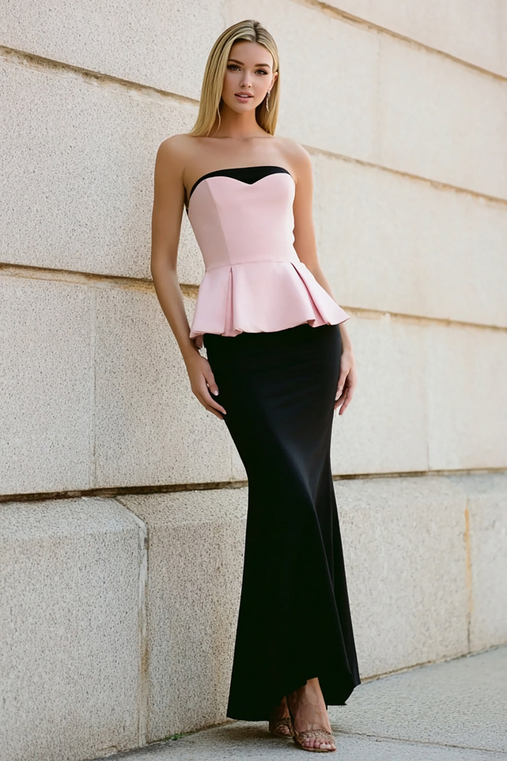 Strapless Mermaid White and Pink Ruffled Maxi Dress