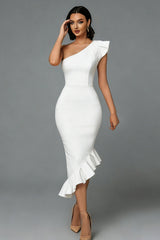 One Shoulder Bodycon Midi White Dress with Ruffles