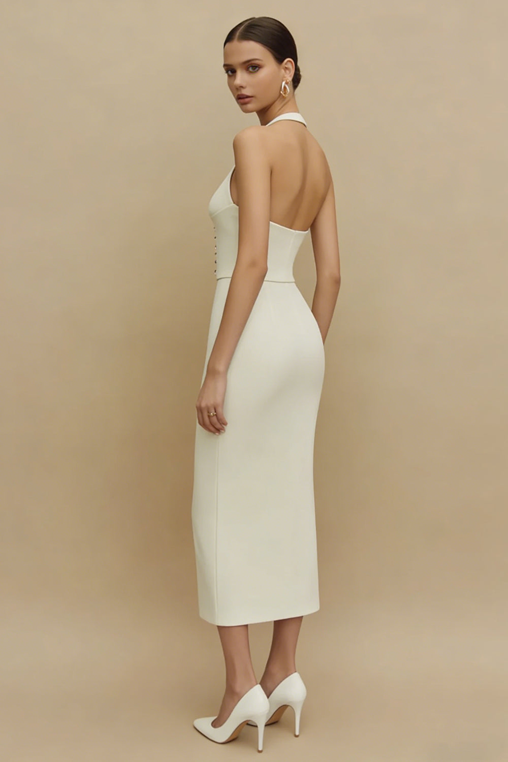 Simple Halter Corset Midi White Dress