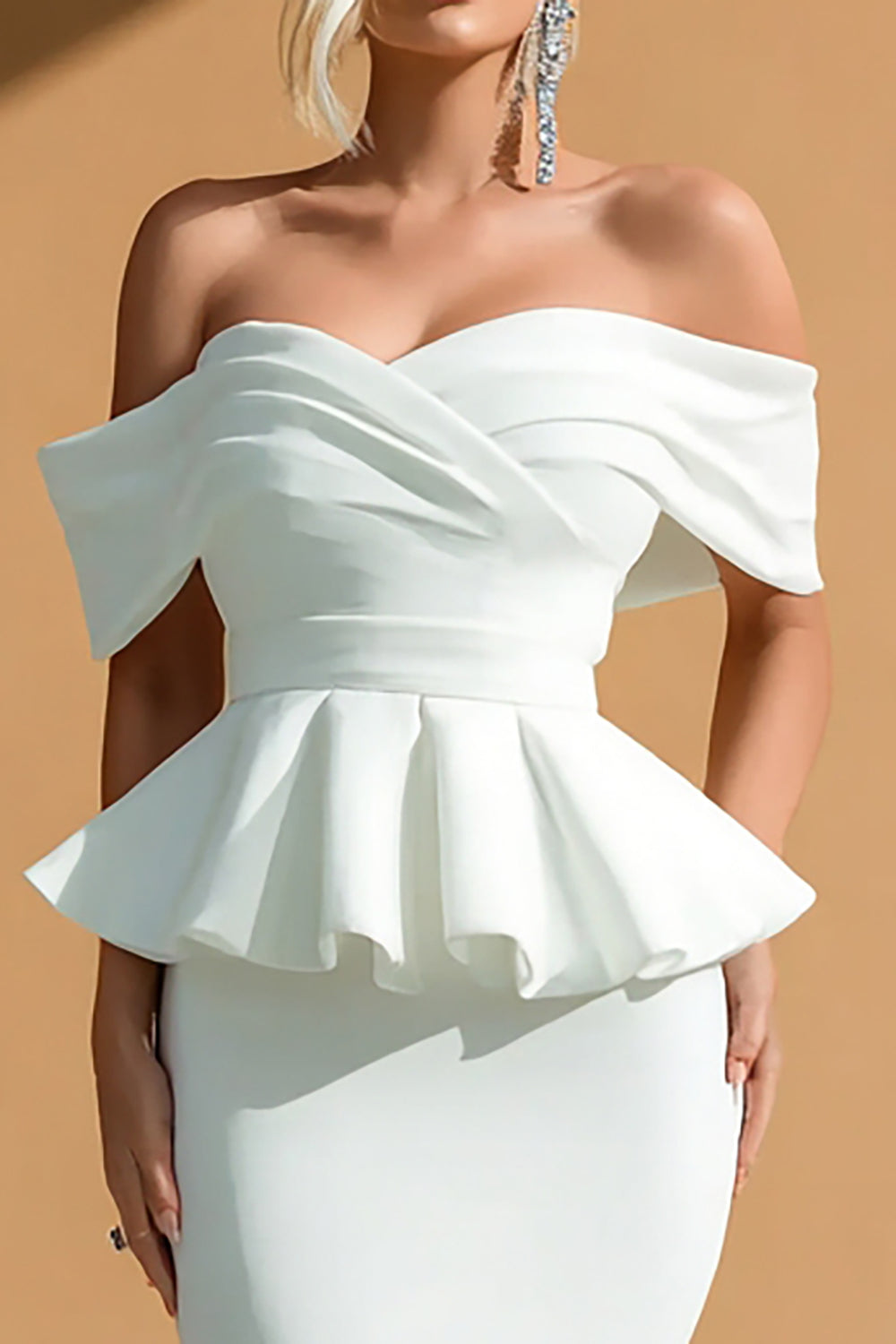 Off the Shoulder Ruffled Bodycon Midi White Dress
