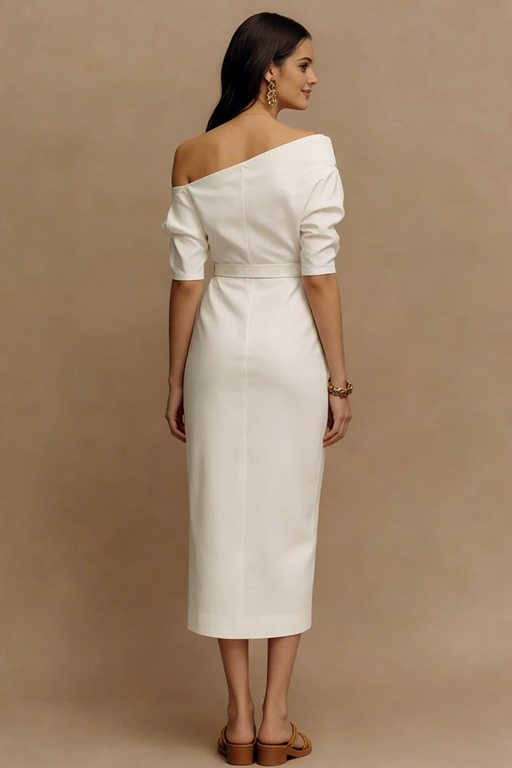 Elegant Sheath Half Sleeve Midi White Dress