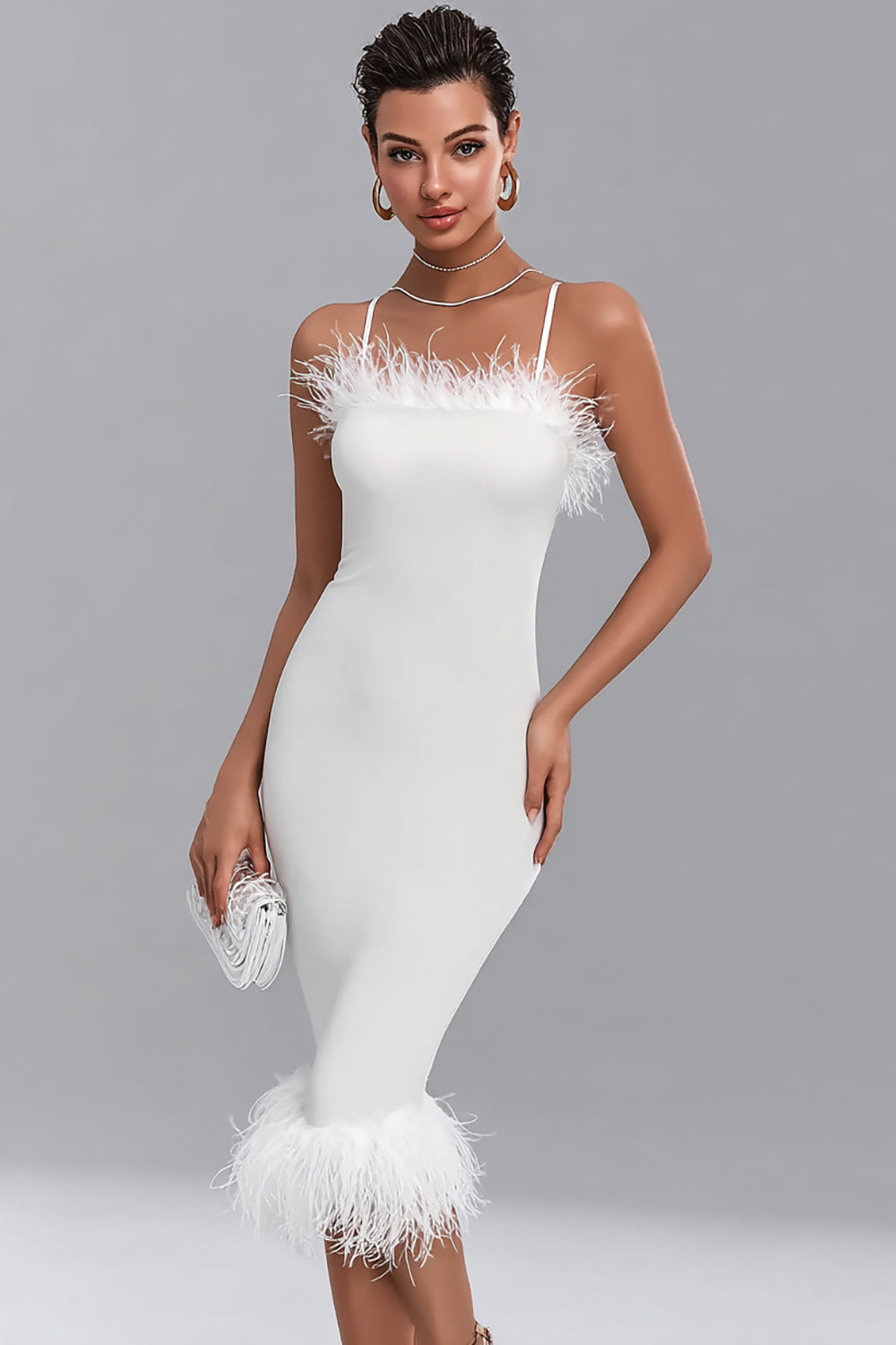 Spaghetti Straps Midi White Dress with Feathers