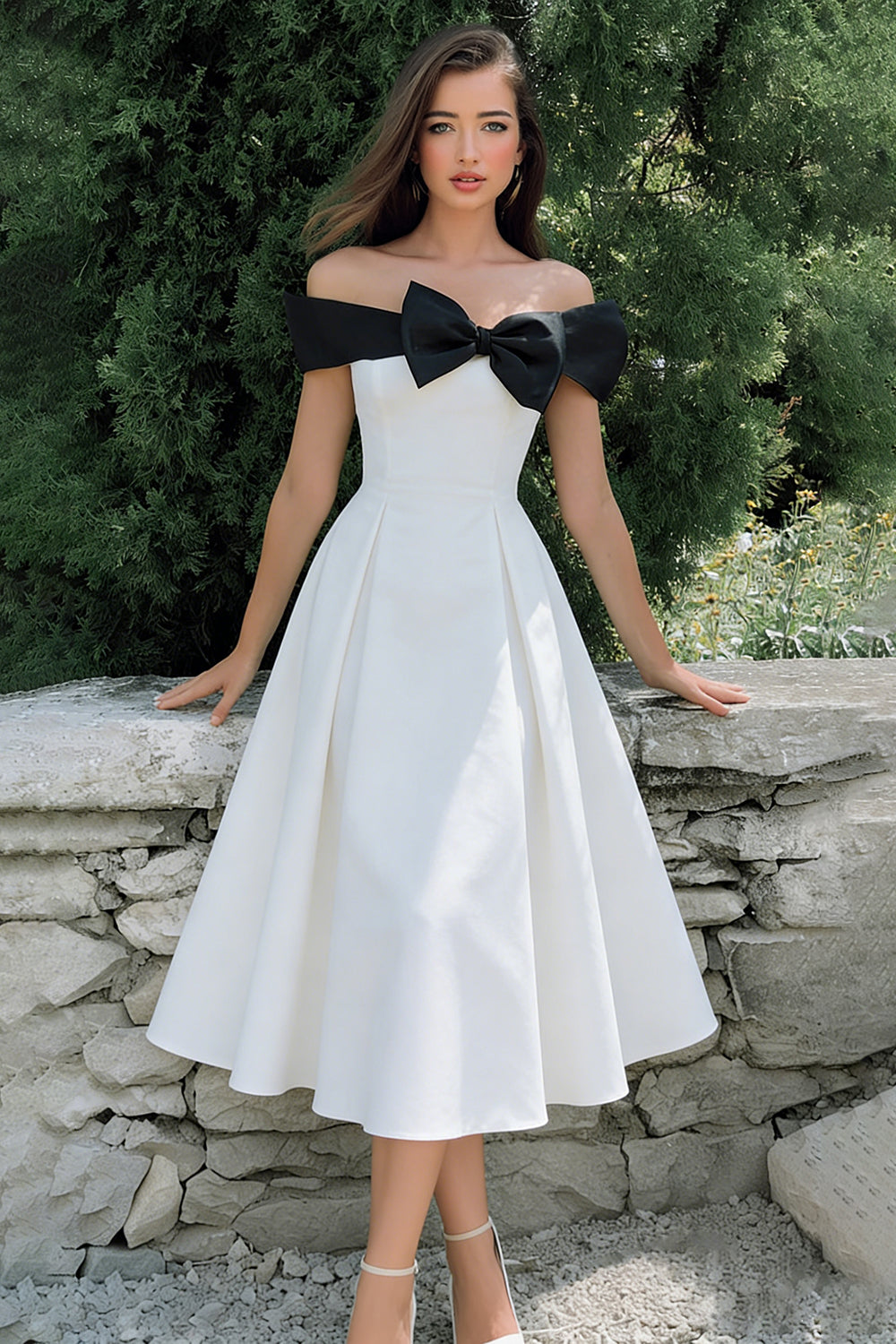 Off the Shoulder A Line Midi White Dress with Bow