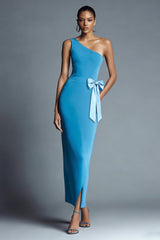 Simple Peacock Blue One Shoulder Formal Dress with Bow