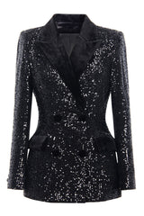 Black Sequin Peak Lapel Double Breasted Prom Blazer