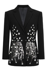 Black Notched Lapel Beaded Prom Blazer With Sequins