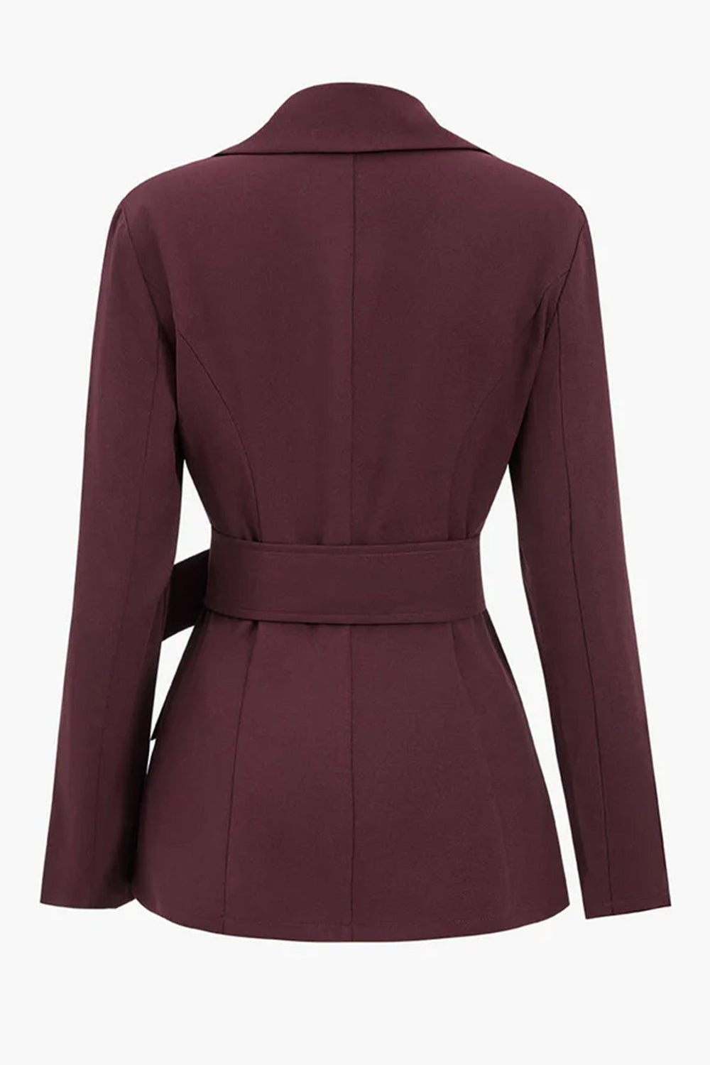 Burgundy Notched Lapel Women Blazer With Belt