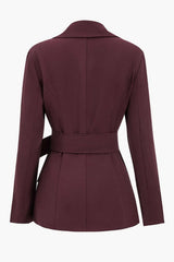 Burgundy Notched Lapel Women Blazer With Belt