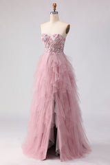 Sparkly Strapless Corset Appliqued Pink Prom Dress