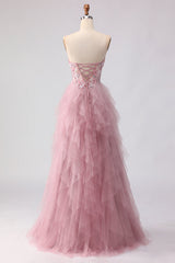 Sparkly Strapless Corset Appliqued Pink Prom Dress