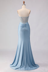 Sky Blue Corset Strapless Mermaid Maxi Prom Dress