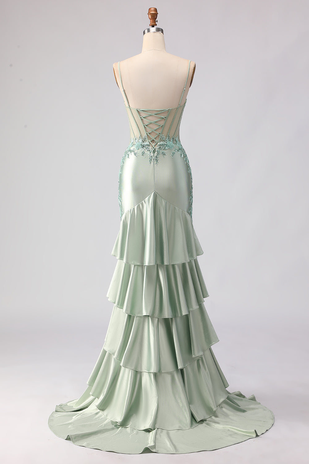 Appliqued Corset Light Green Prom Dress with Ruffles