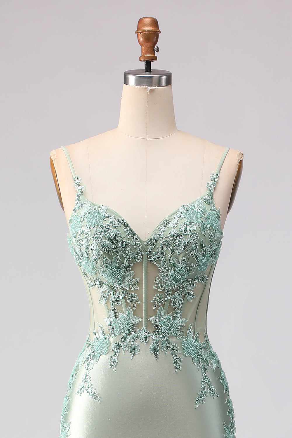 Appliqued Corset Light Green Prom Dress with Ruffles