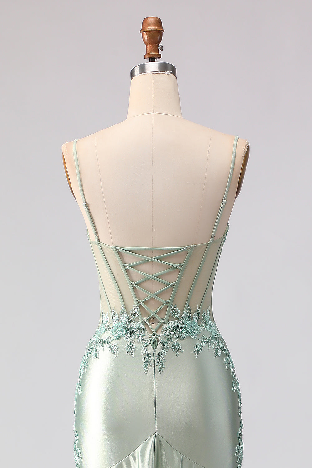 Appliqued Corset Light Green Prom Dress with Ruffles
