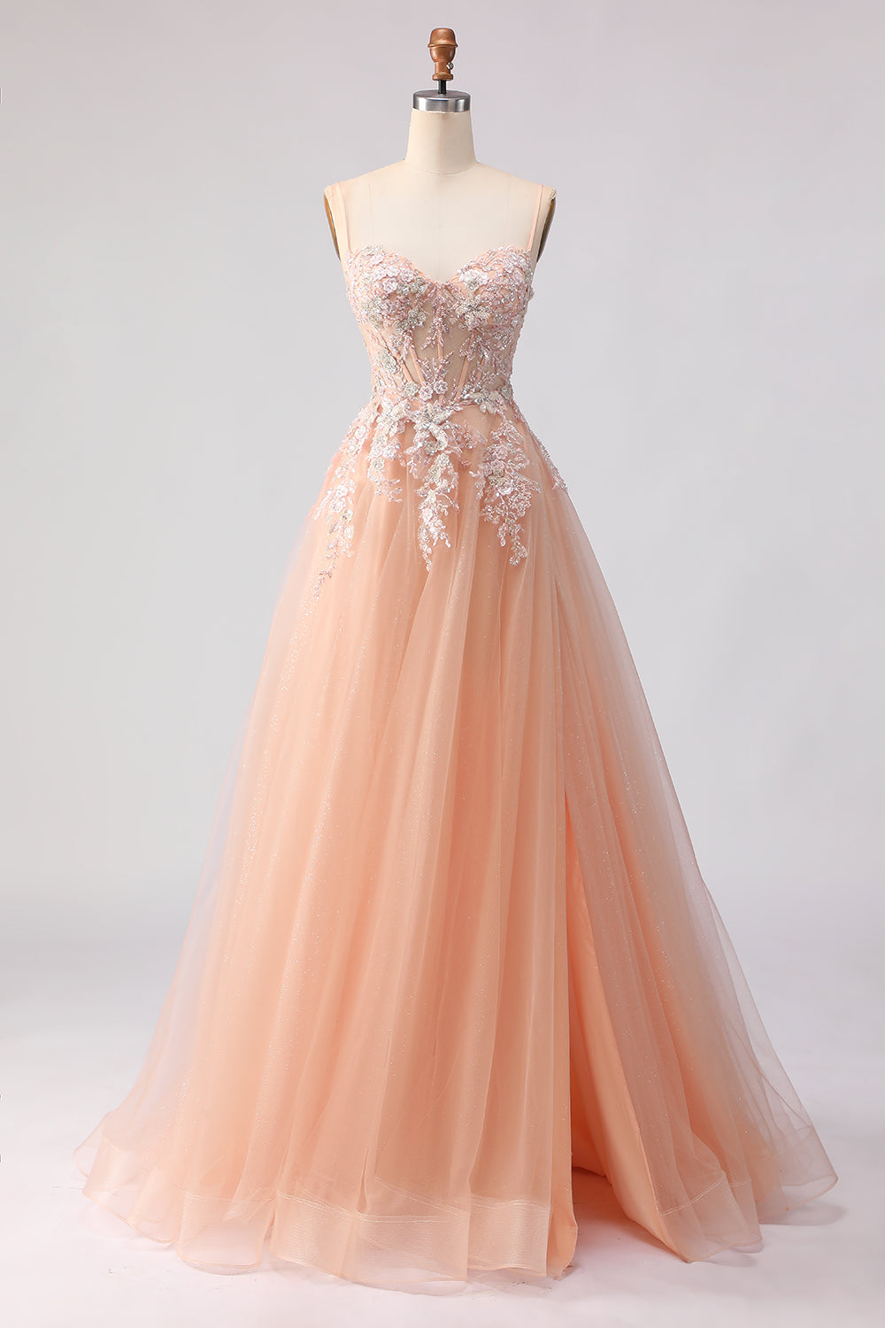 Spaghetti Straps Champagne A Line Appliqued Prom Dress