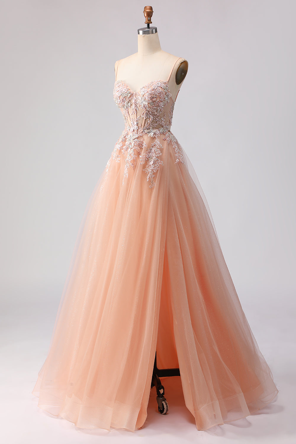 Sage Green A Line Appliqued Corset Sequin Prom Dress
