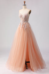 Spaghetti Straps Champagne A Line Appliqued Prom Dress