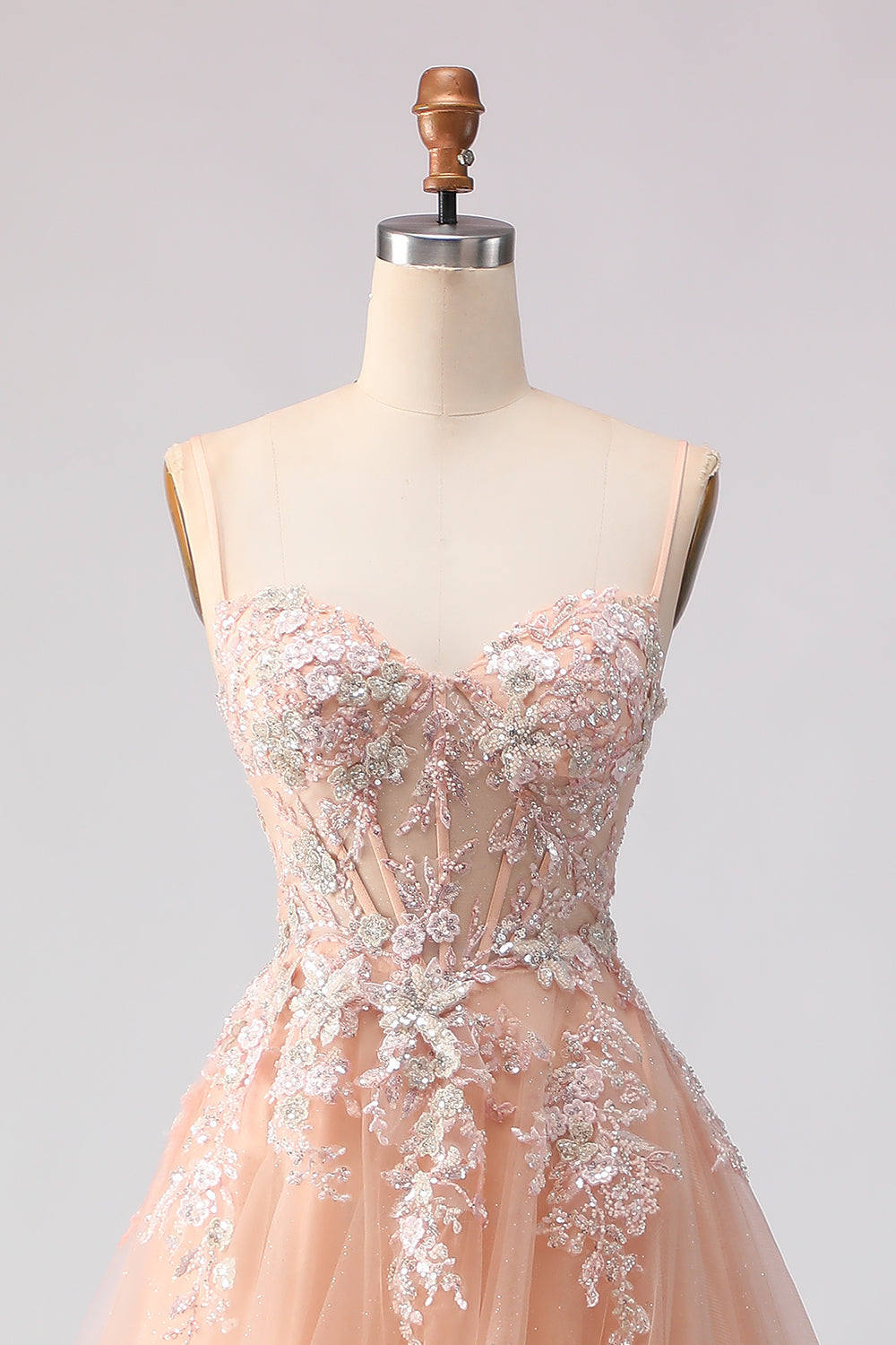 Spaghetti Straps Champagne A Line Appliqued Prom Dress