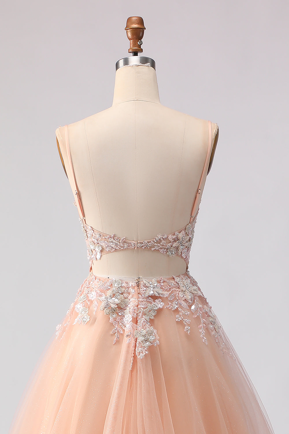 Spaghetti Straps Champagne A Line Appliqued Prom Dress
