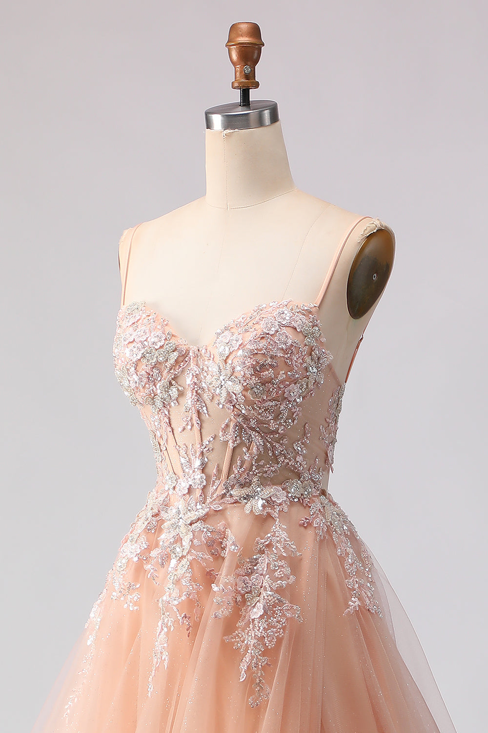 Spaghetti Straps Champagne A Line Appliqued Prom Dress