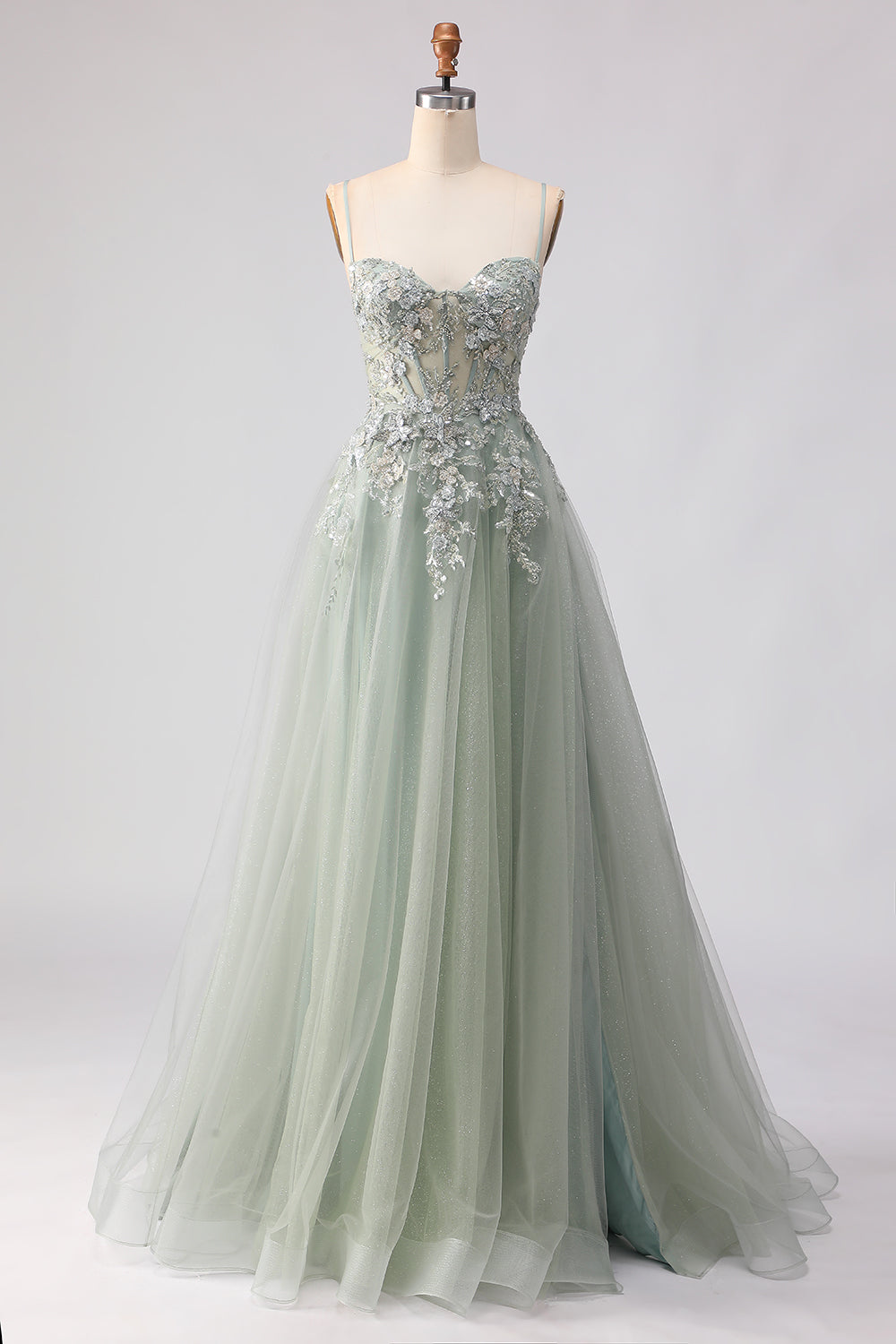 Sage Green A Line Appliqued Corset Sequin Prom Dress