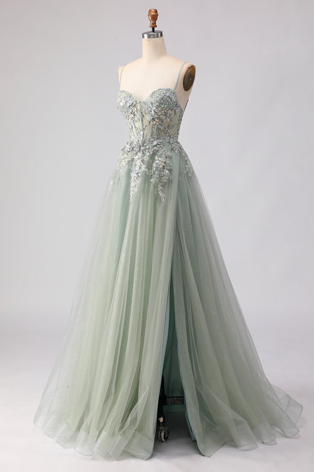 Spaghetti Straps Champagne A Line Appliqued Prom Dress