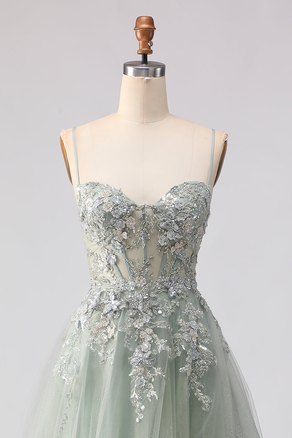 Spaghetti Straps Champagne A Line Appliqued Prom Dress