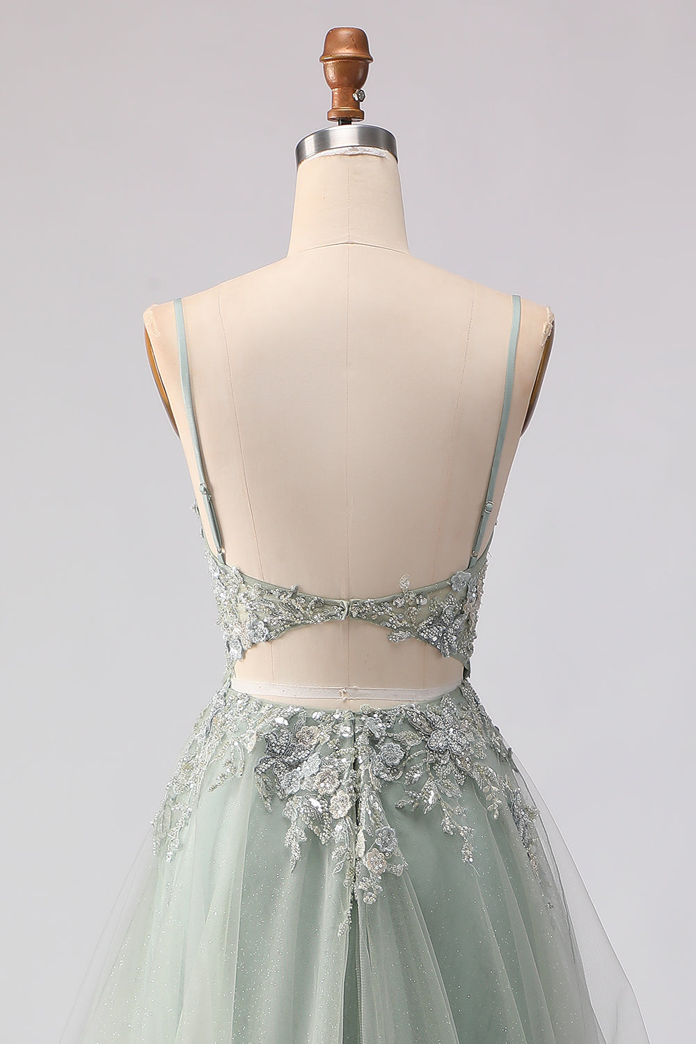 Sage Green A Line Appliqued Corset Sequin Prom Dress