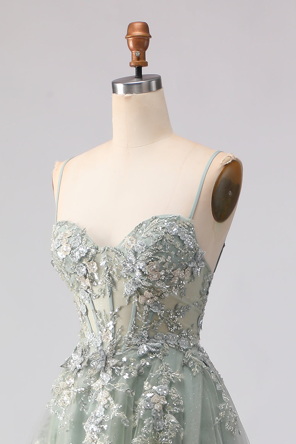 Spaghetti Straps Champagne A Line Appliqued Prom Dress