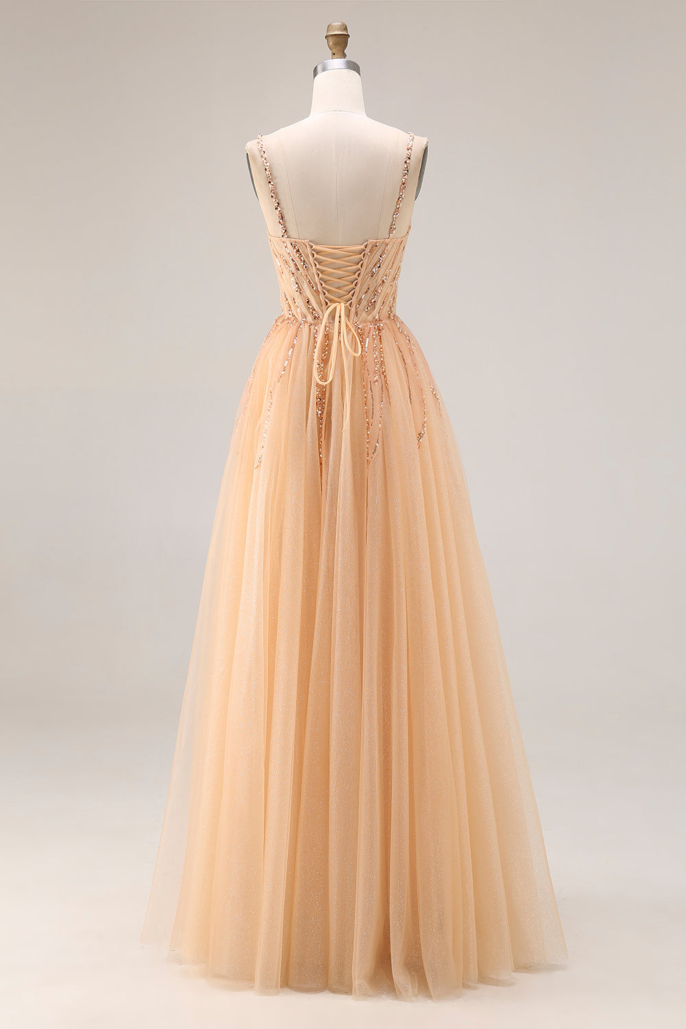 Sparkly Peach Beaded A Line Prom Dress
