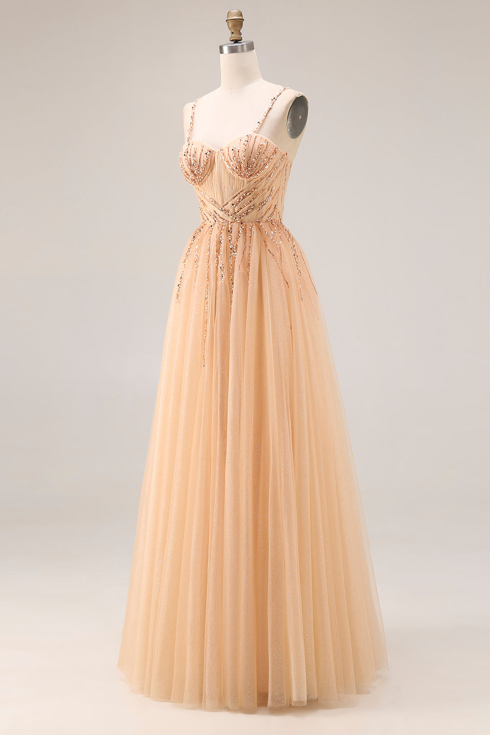 Sparkly Peach Beaded A Line Prom Dress