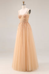 Sparkly Peach Beaded A Line Prom Dress