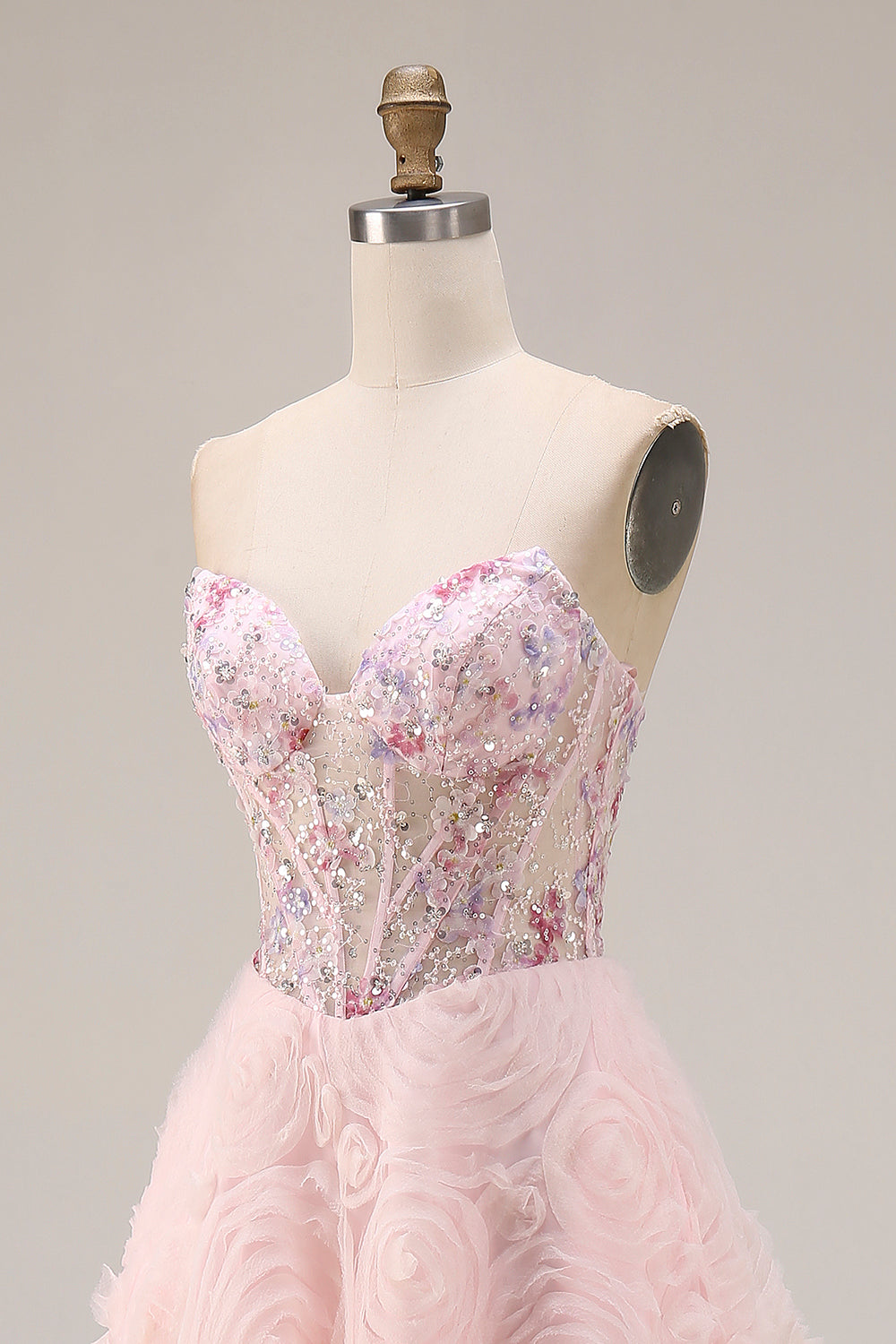 Sparkly Pink A Line Strapless 3D Flowers Prom Dress