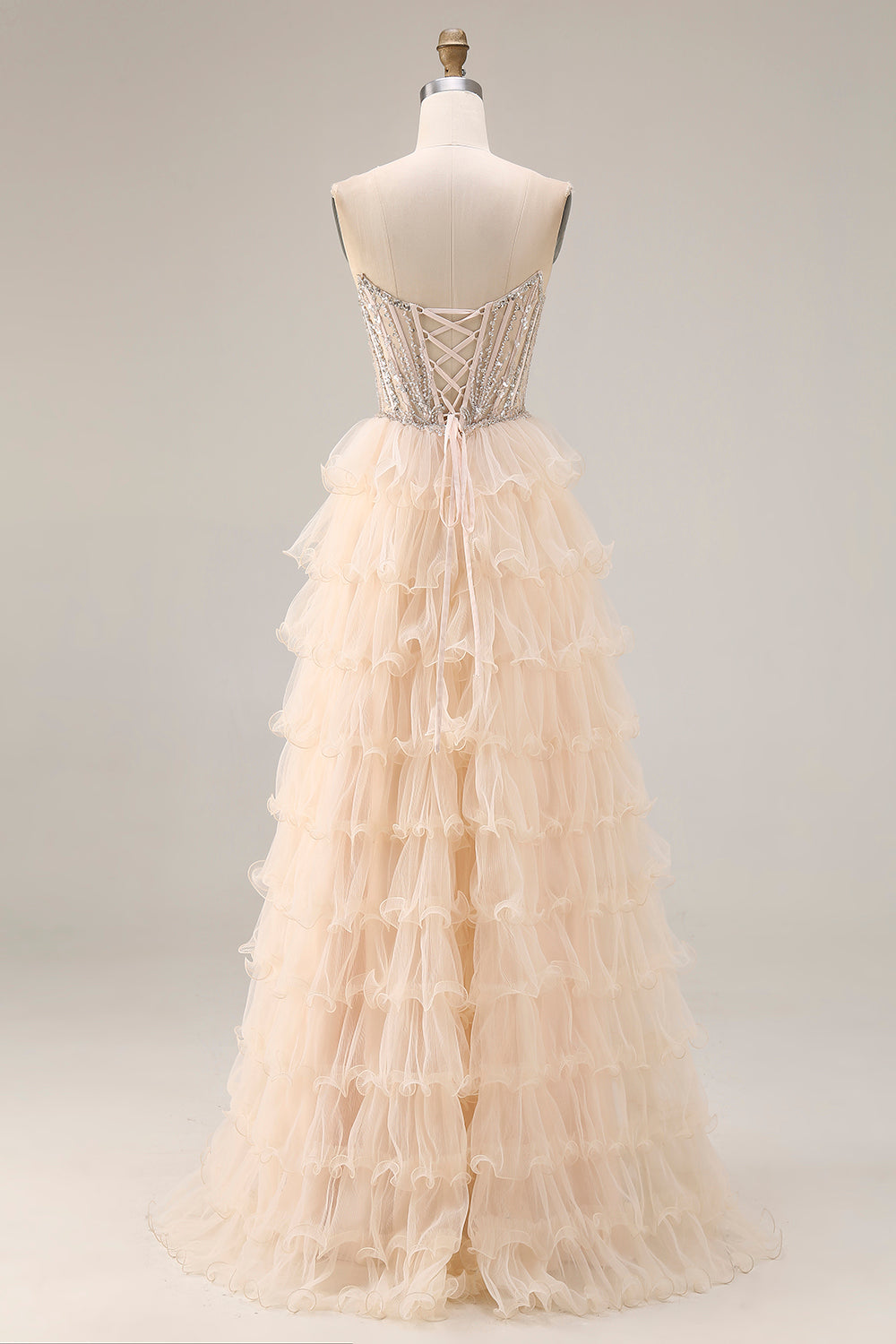 Sparkly Apricot Corset Tiered Ruffled Strapless Prom Dress