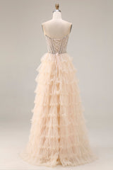 Sparkly Apricot Corset Tiered Ruffled Strapless Prom Dress