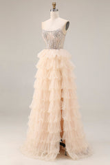 Sparkly Apricot Corset Tiered Ruffled Strapless Prom Dress