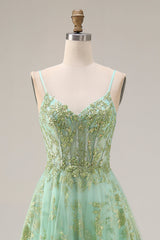 Sparkly Green Corset A Line Maxi Prom Dress