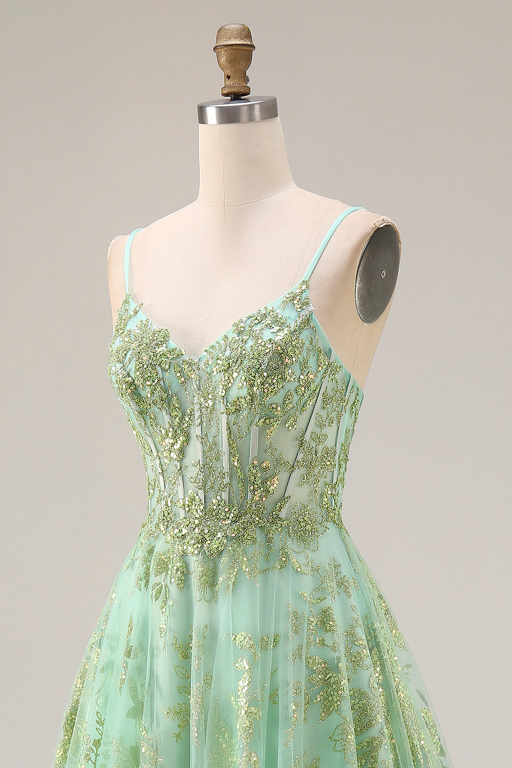 Sparkly Green Corset A Line Maxi Prom Dress