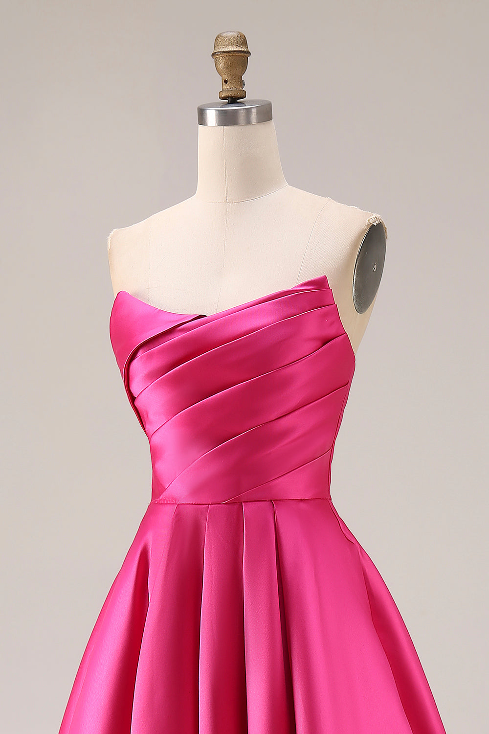 Strapless Fuchsia Satin Ruched A Line Prom Dress