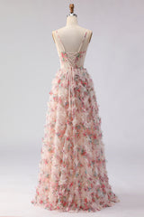 Light Pink Floral Corset A Line Ruffled Prom Dress