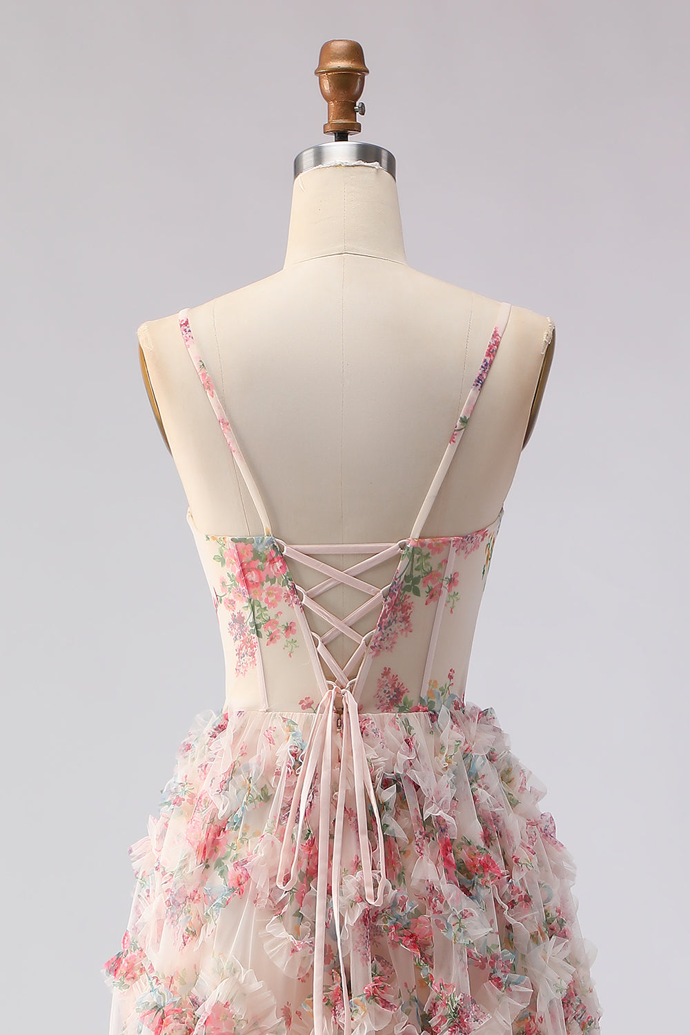 Light Pink Floral Corset A Line Ruffled Prom Dress