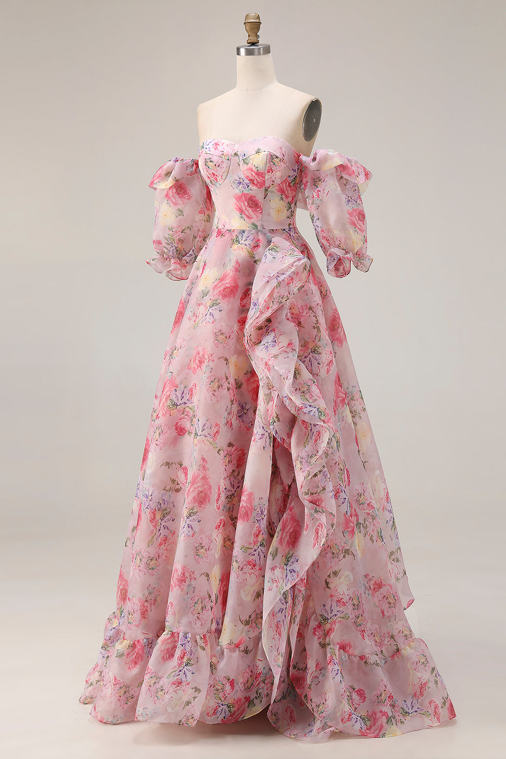 Off the Shoulder Pink Floral A Line Ruffled Prom Dress
